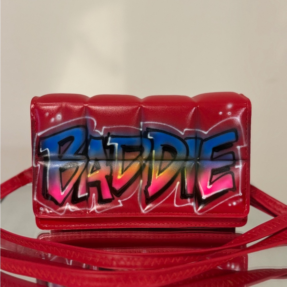 BADDIE Quilted Airbrush Graffiti Shoulder Bag Crossbody Purse Genuine Leather